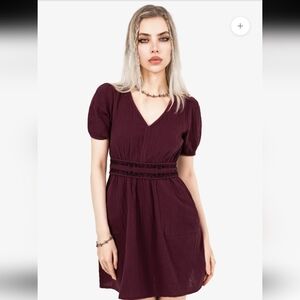 Elegant Burgundy Puff Sleeve Dress